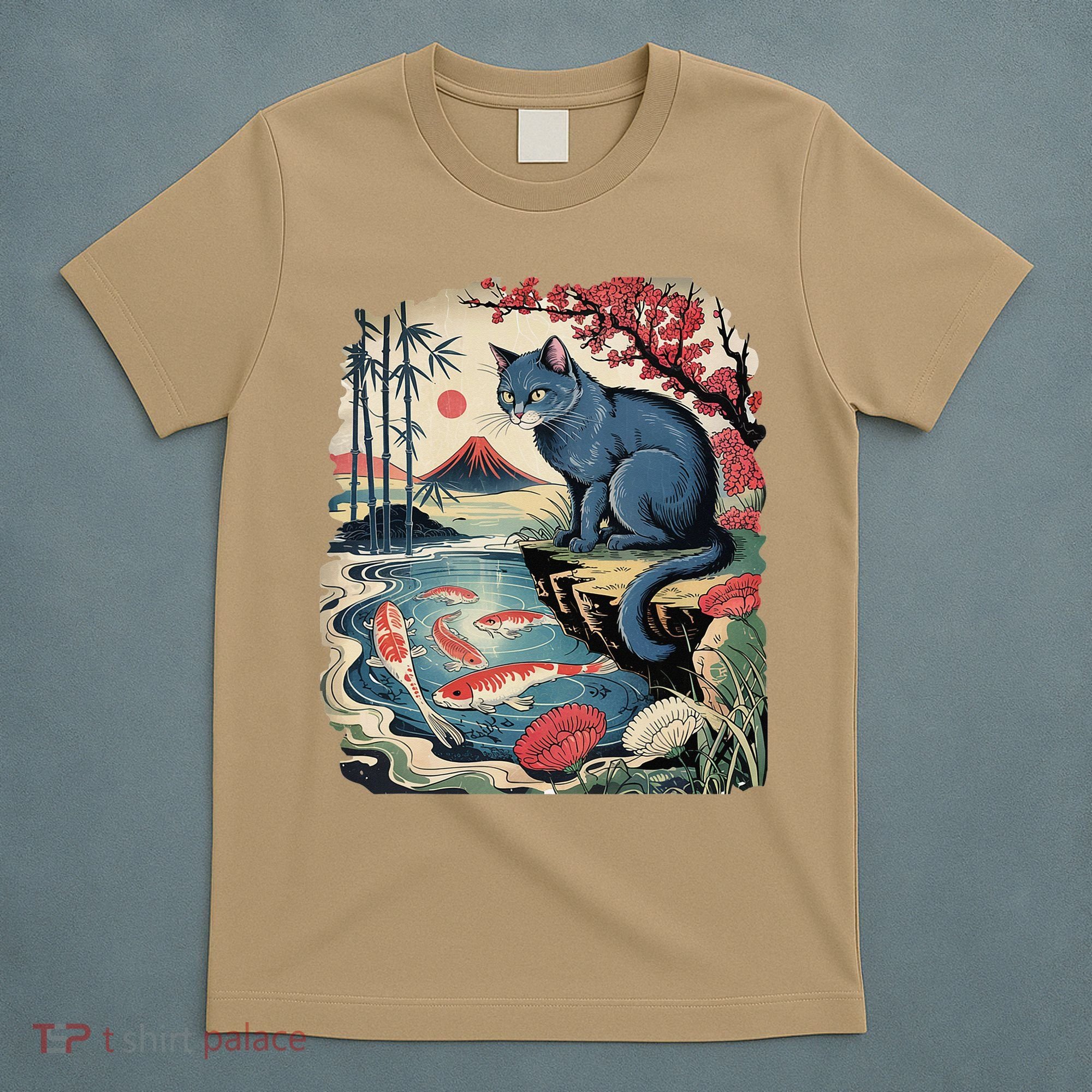 Russian Blue Cat Koi Fish Pond Japanese Ukiyo-e Woodblock T-Shirt