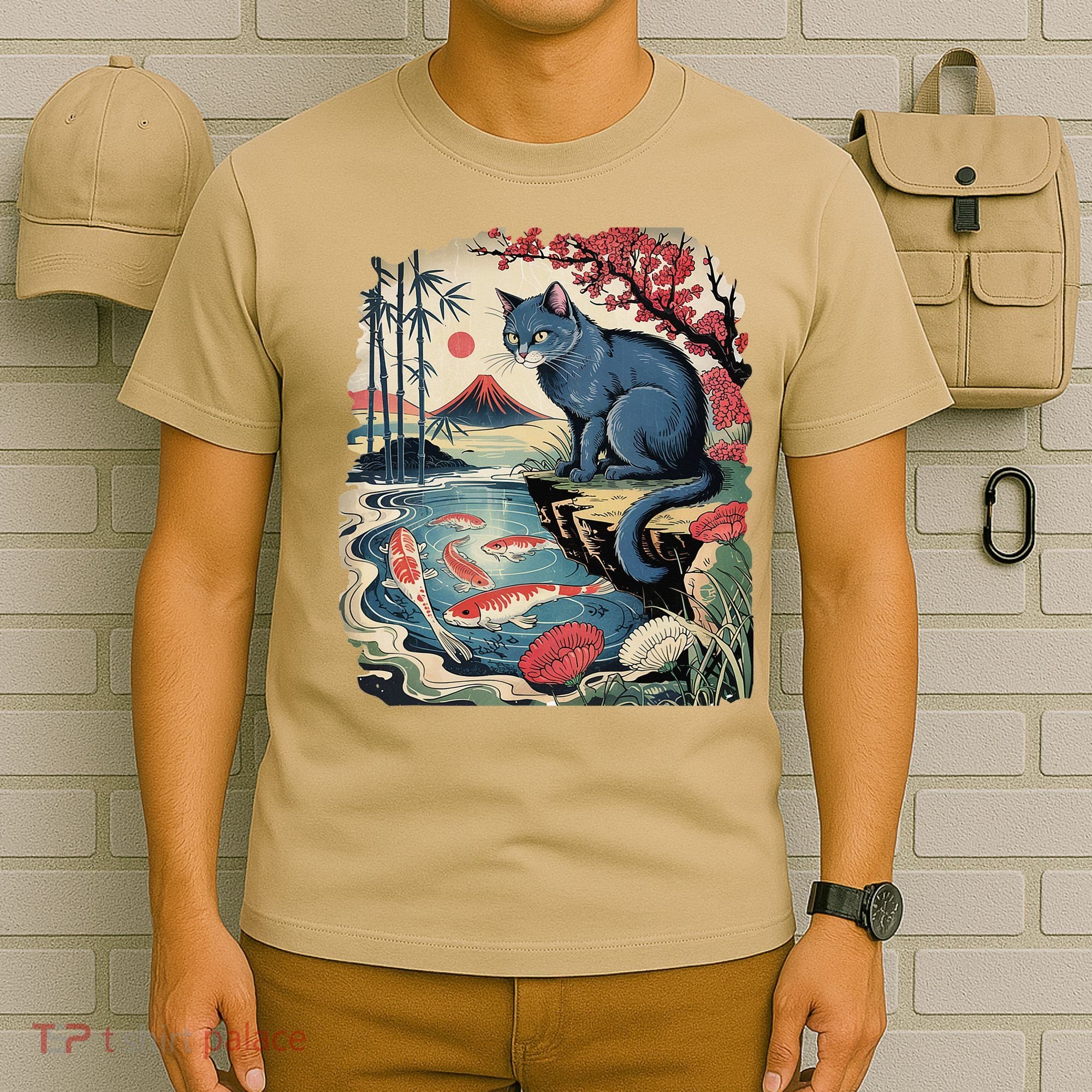 Russian Blue Cat Koi Fish Pond Japanese Ukiyo-e Woodblock T-Shirt
