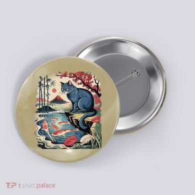 Russian Blue Cat Koi Fish Pond Japanese Ukiyo-e Woodblock Button