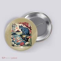 Russian Blue Cat Koi Fish Pond Japanese Ukiyo-e Woodblock Button thumb 0