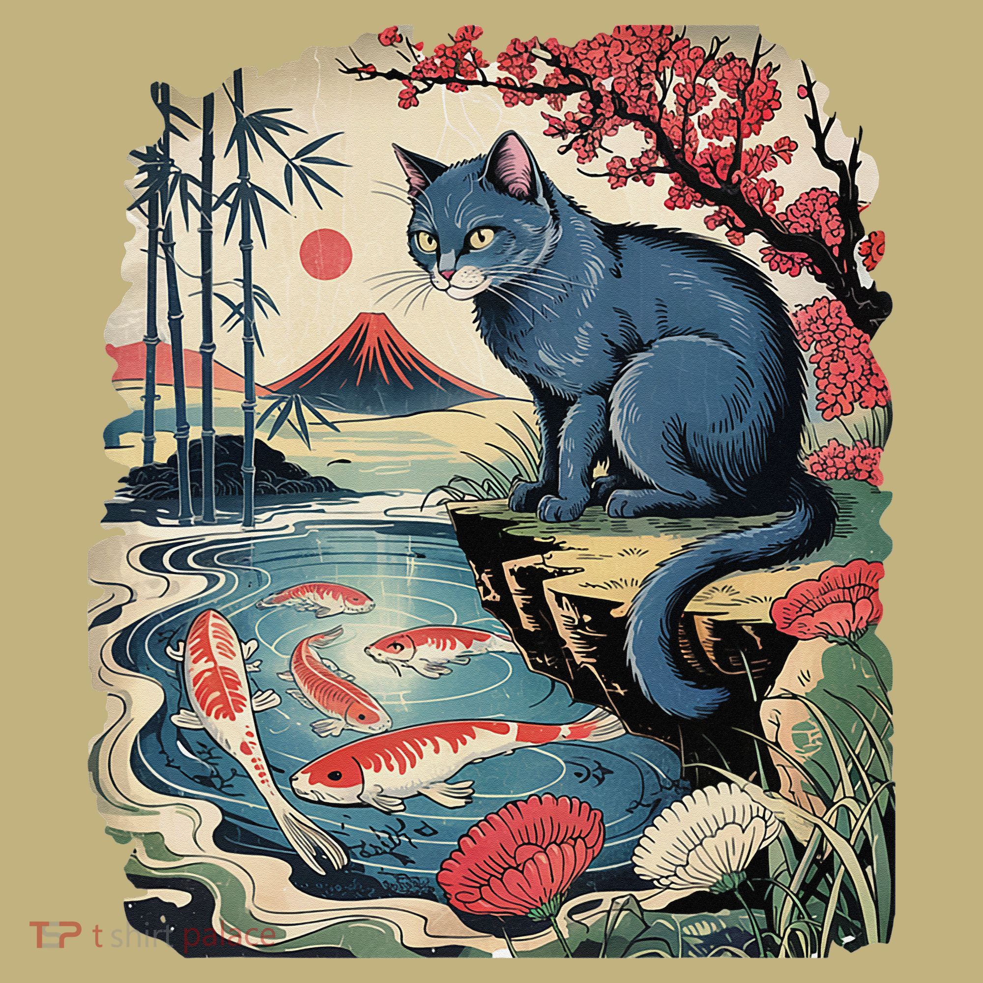 Russian Blue Cat Koi Fish Pond Japanese Ukiyo-e Woodblock Button
