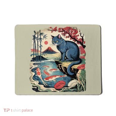 Russian Blue Cat Koi Fish Pond Japanese Ukiyo-e Woodblock Mousepad