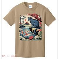 Russian Blue Cat Koi Fish Pond Japanese Ukiyo-e Woodblock Kids T-Shirt thumb 0