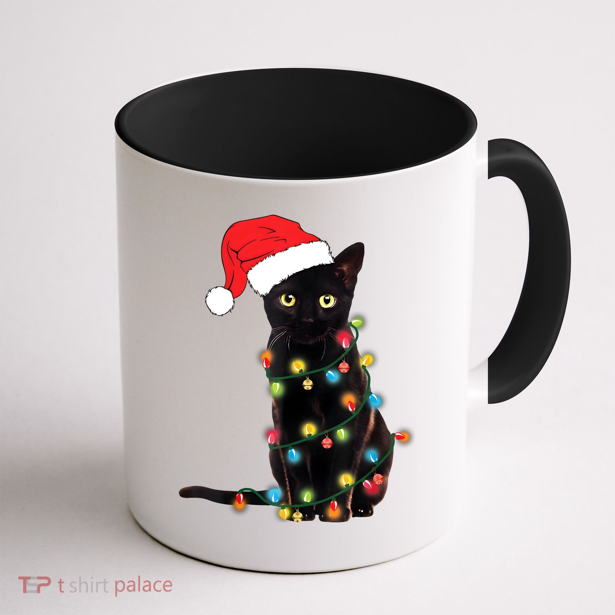 Retro Black Cat Christmas Light Funny Cat Coffee Mug