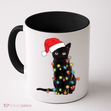 Retro Black Cat Christmas Light Funny Cat Coffee Mug