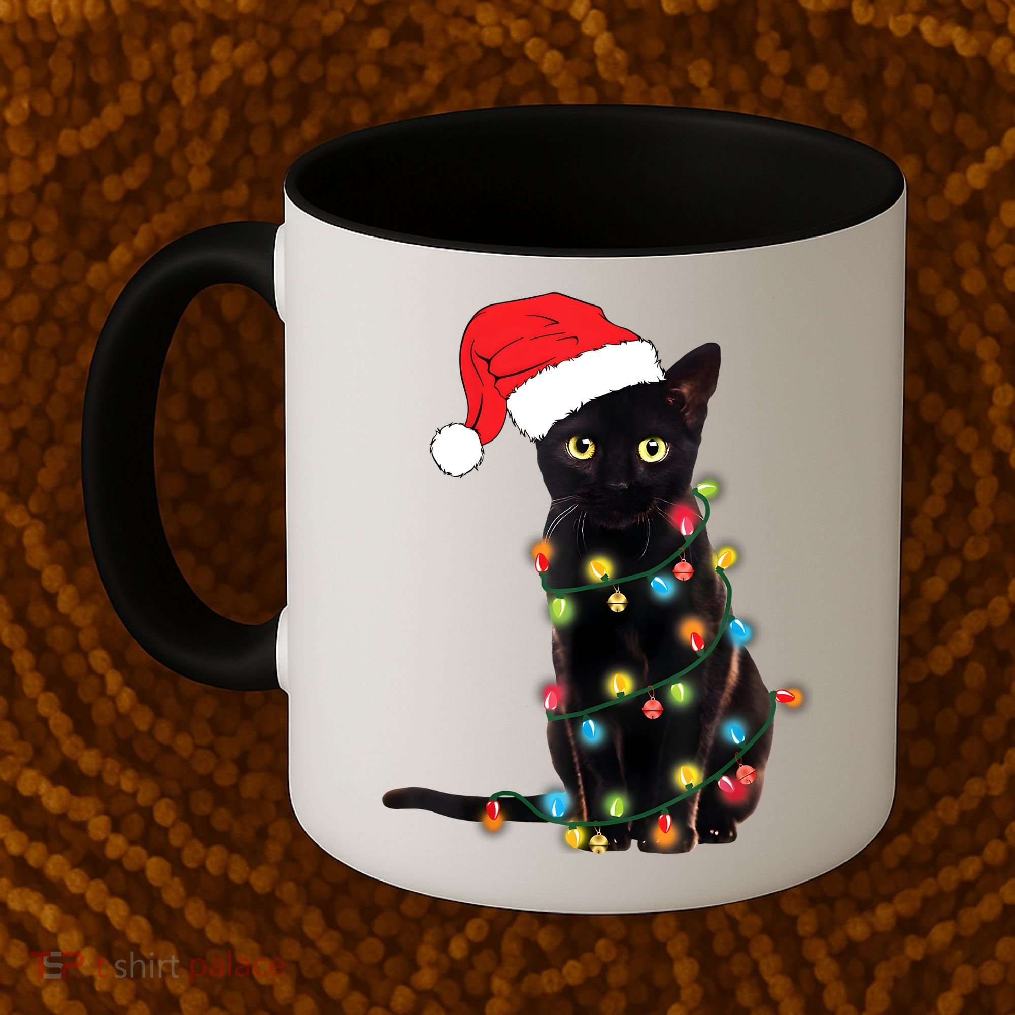 Retro Black Cat Christmas Light Funny Cat Coffee Mug