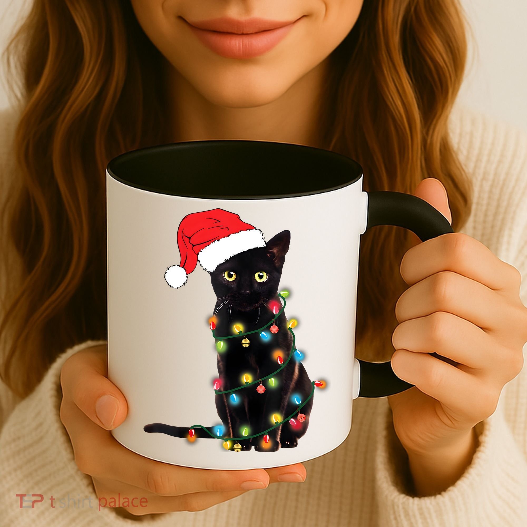 Retro Black Cat Christmas Light Funny Cat Coffee Mug