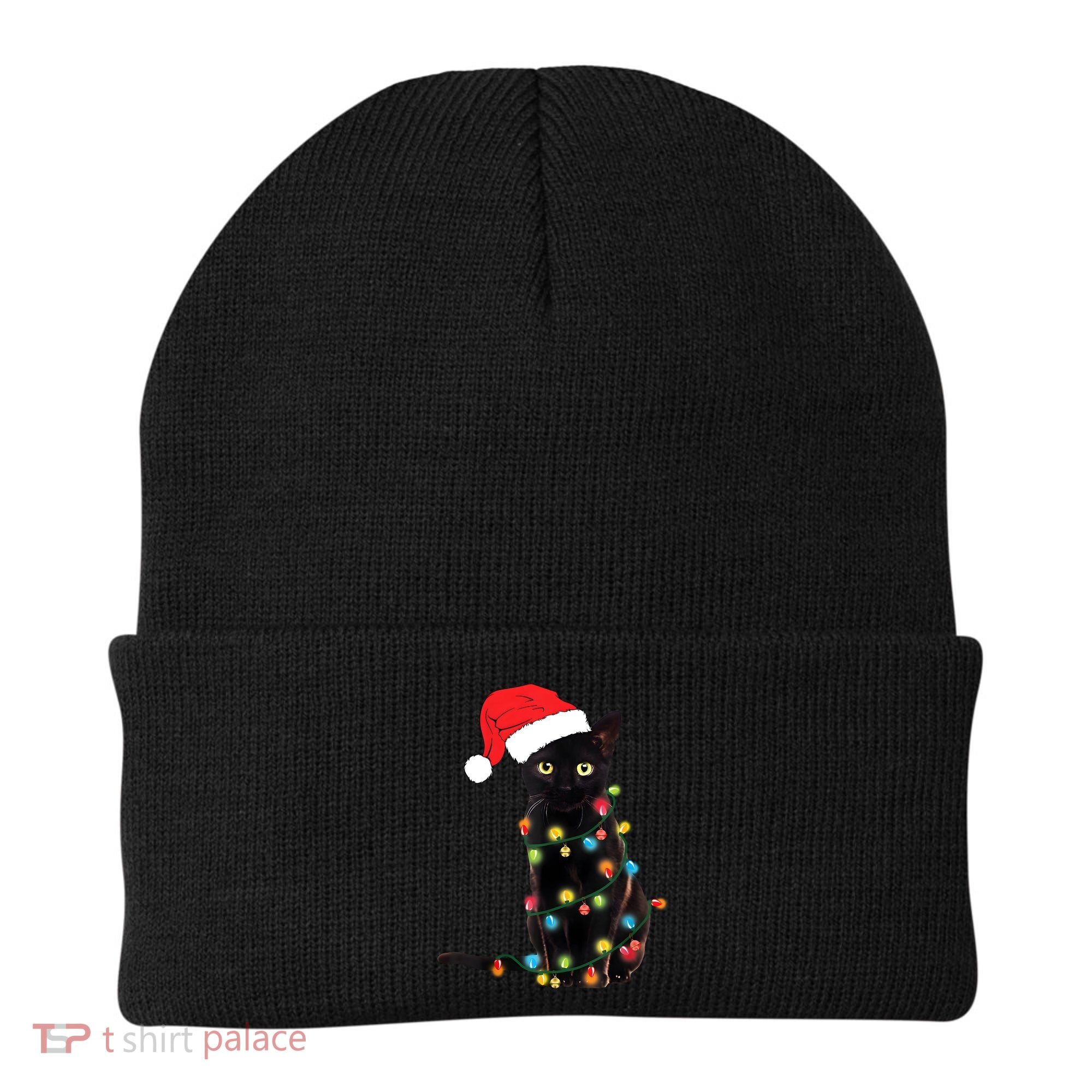Retro Black Cat Christmas Light Funny Cat Beanie