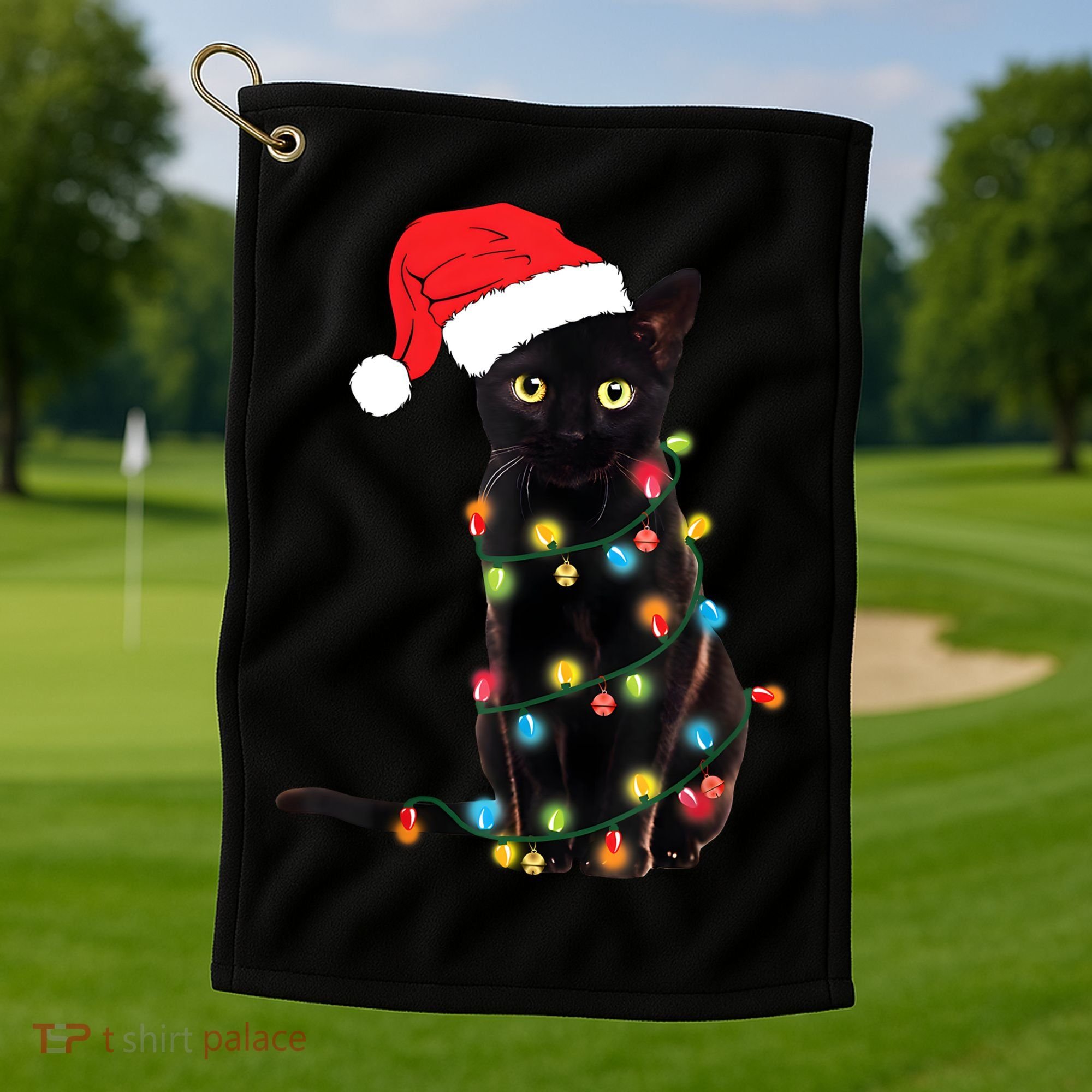 Retro Black Cat Christmas Light Funny Cat Golf Towel