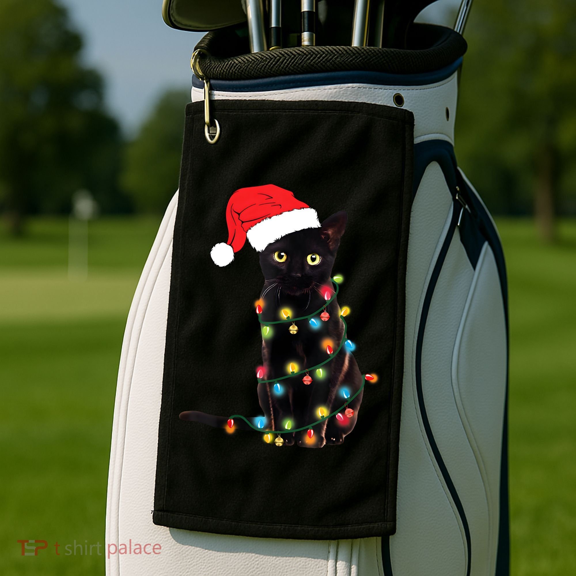Retro Black Cat Christmas Light Funny Cat Golf Towel