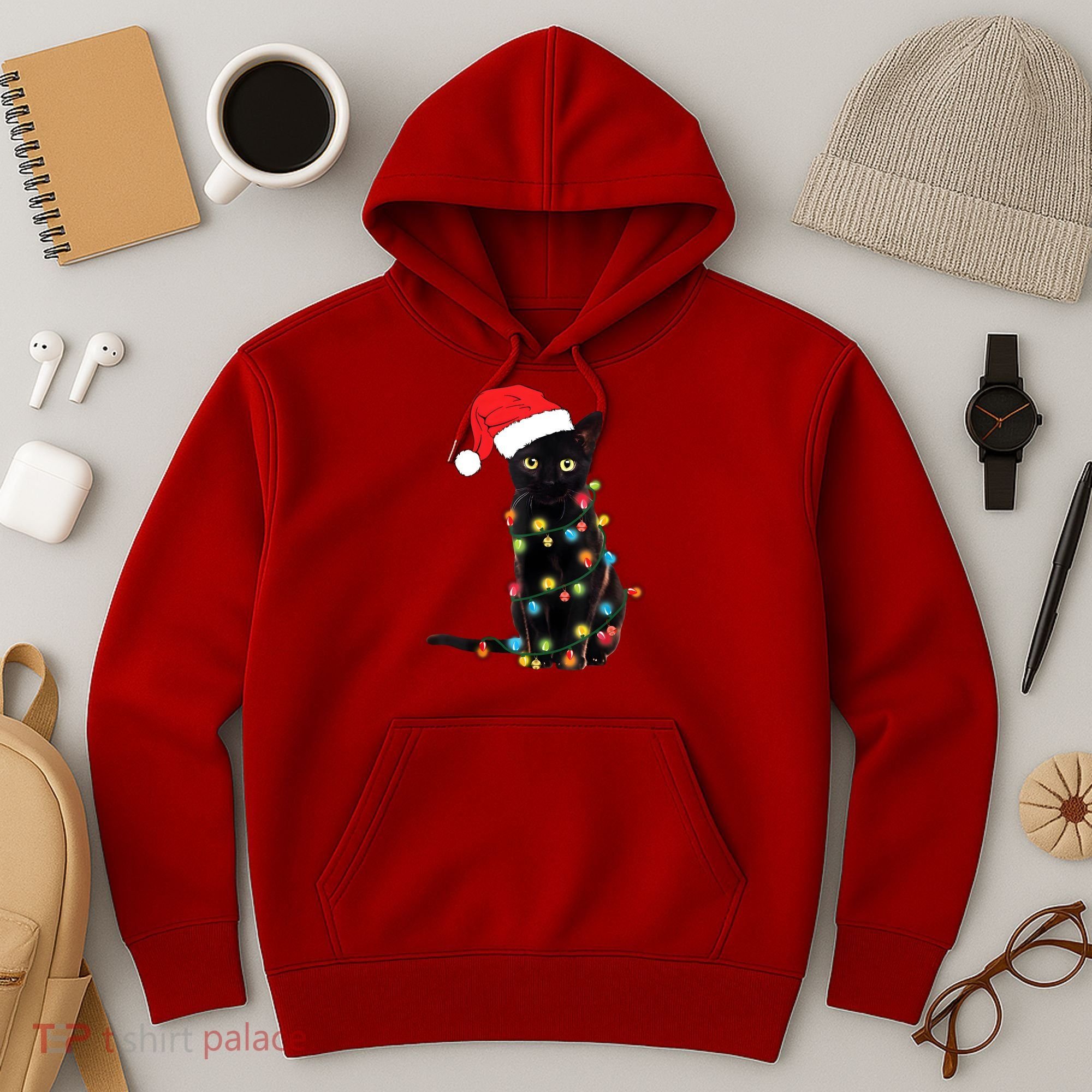 Retro Black Cat Christmas Light Funny Cat Hoodie