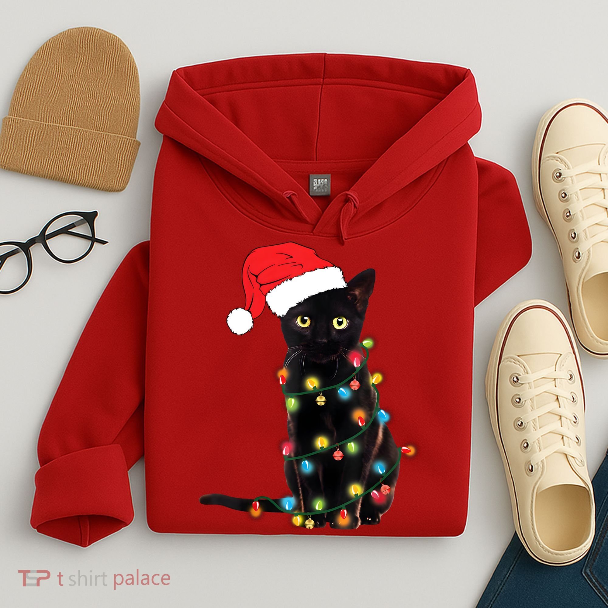 Retro Black Cat Christmas Light Funny Cat Hoodie