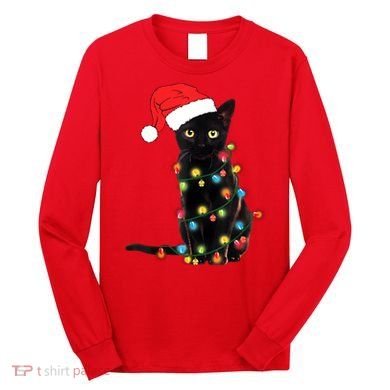 Retro Black Cat Christmas Light Funny Cat Long Sleeve Shirt