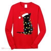 Retro Black Cat Christmas Light Funny Cat Long Sleeve Shirt thumb 0