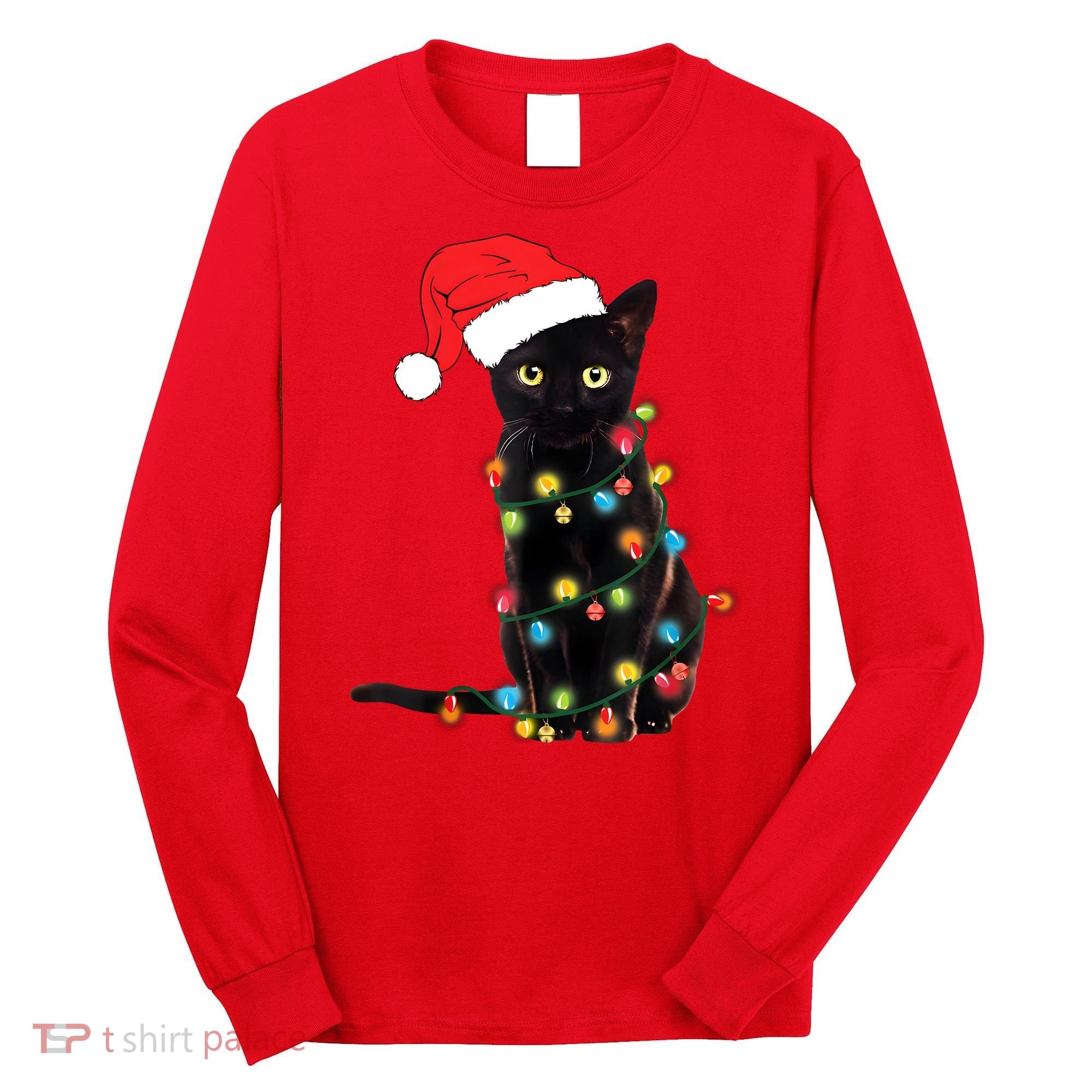 Retro Black Cat Christmas Light Funny Cat Long Sleeve Shirt