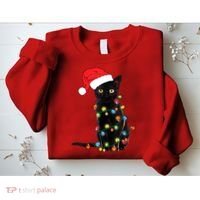 Retro Black Cat Christmas Light Funny Cat Sweatshirt thumb 2