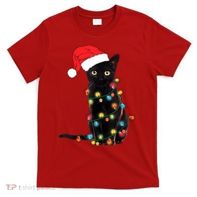 Retro Black Cat Christmas Light Funny Cat T-Shirt