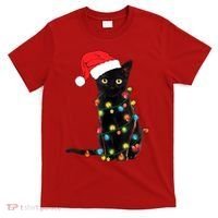 Retro Black Cat Christmas Light Funny Cat T-Shirt thumb 0
