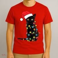 Retro Black Cat Christmas Light Funny Cat T-Shirt thumb 3