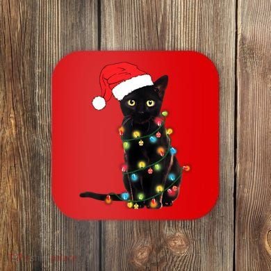 Retro Black Cat Christmas Light Funny Cat Coaster