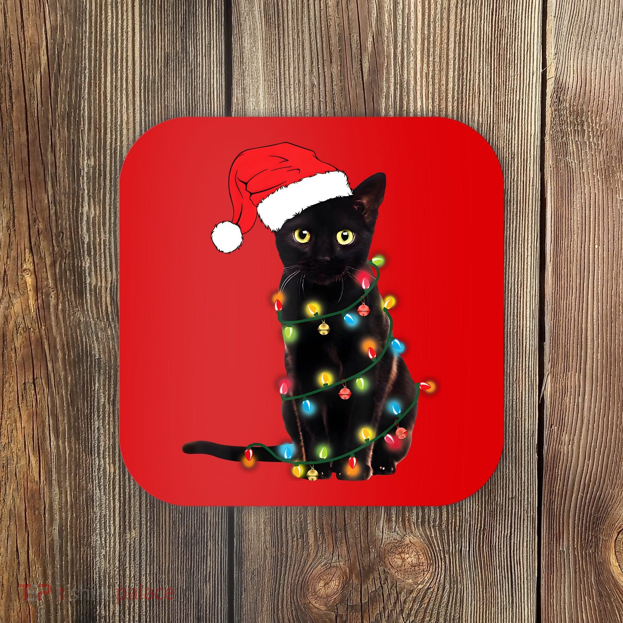 Retro Black Cat Christmas Light Funny Cat Coaster