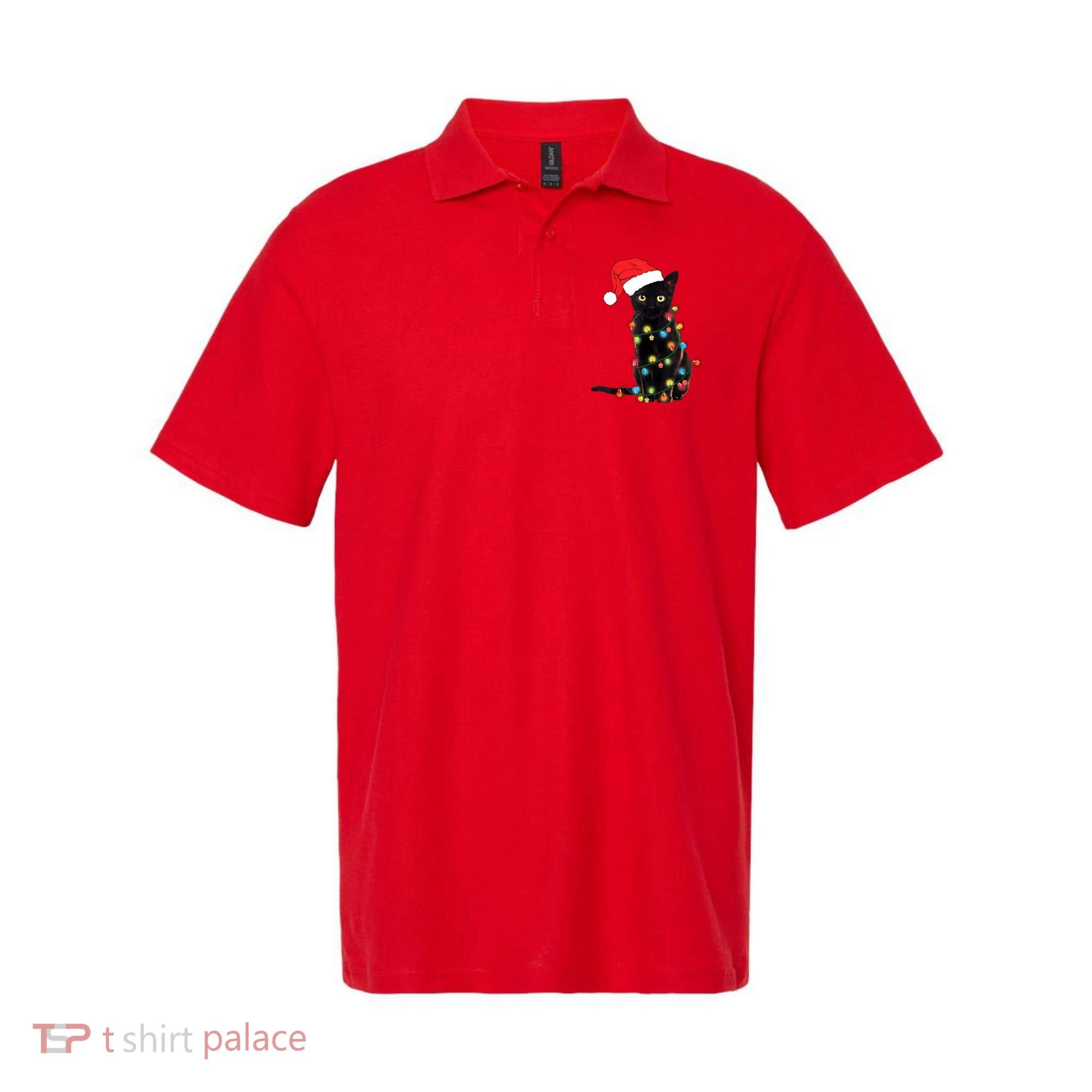 Retro Black Cat Christmas Light Funny Cat Polo