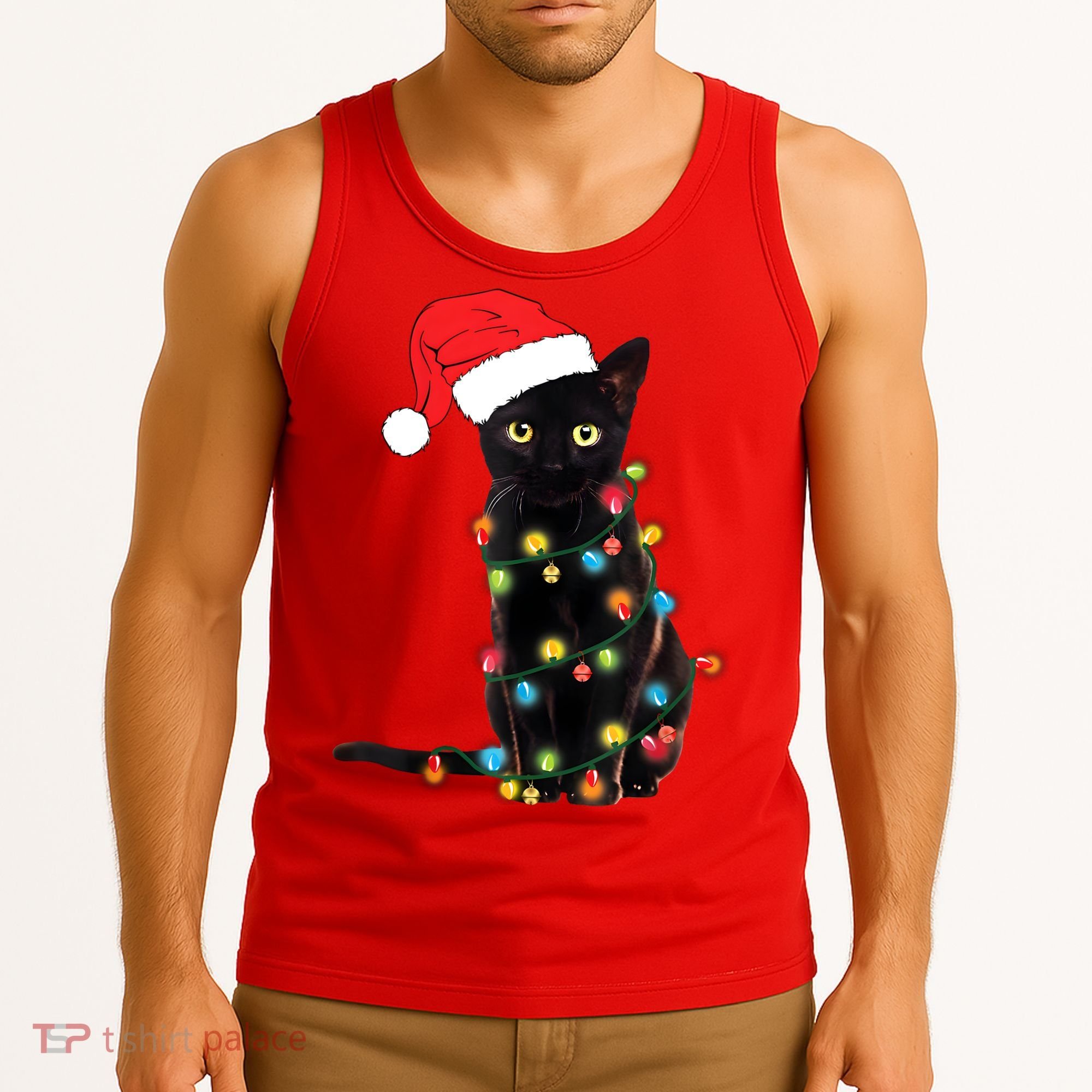 Retro Black Cat Christmas Light Funny Cat Tank Top