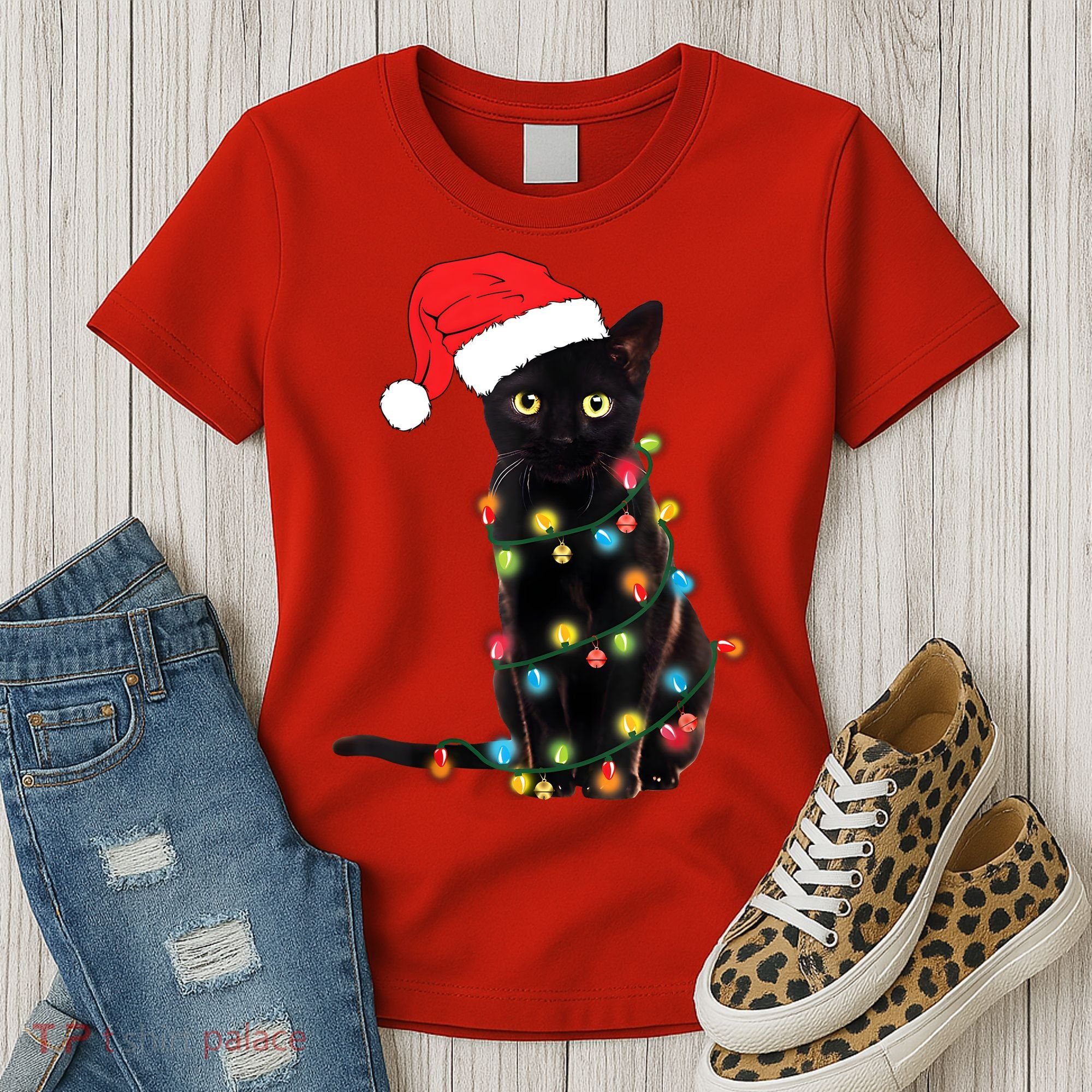 Retro Black Cat Christmas Light Funny Cat Women's T-Shirt