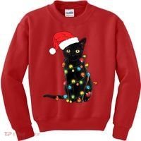 Retro Black Cat Christmas Light Funny Cat Kids Sweatshirt thumb 0