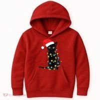 Retro Black Cat Christmas Light Funny Cat Kids Hoodie thumb 0