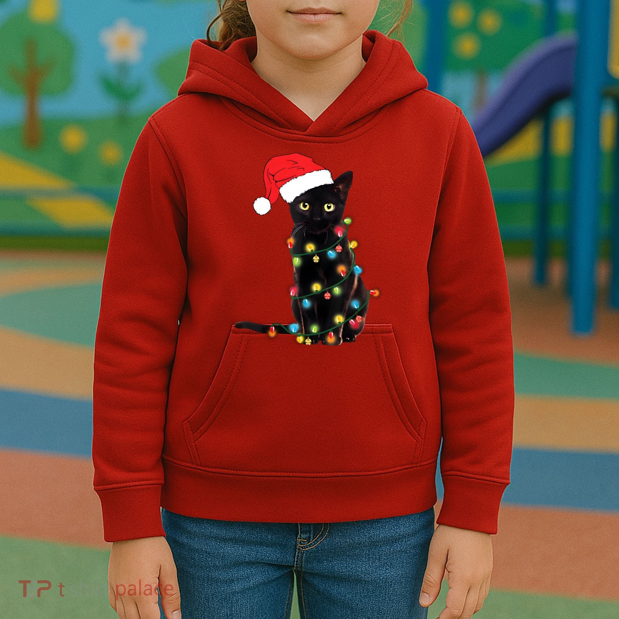 Retro Black Cat Christmas Light Funny Cat Kids Hoodie