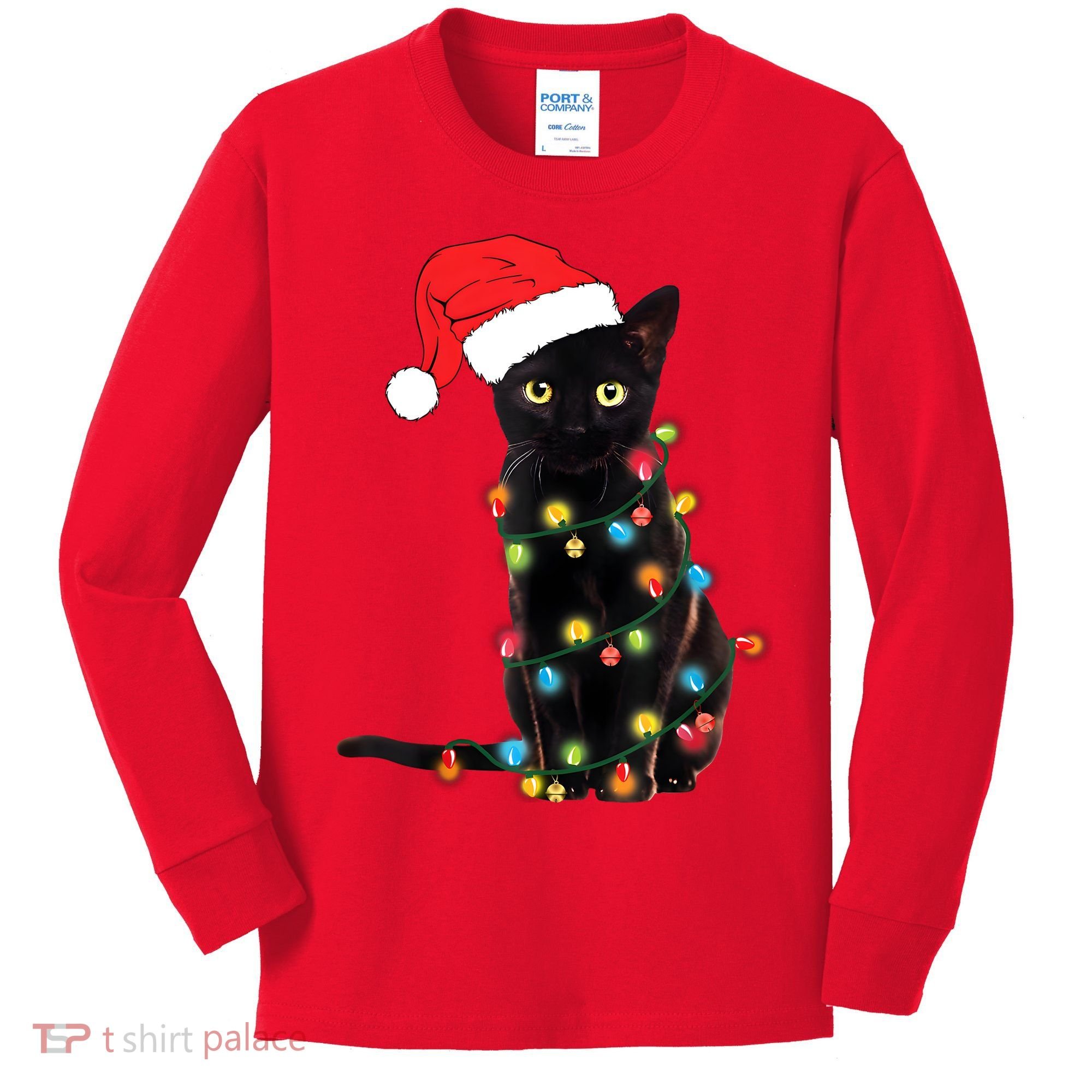 Retro Black Cat Christmas Light Funny Cat Kids Long Sleeve Shirt
