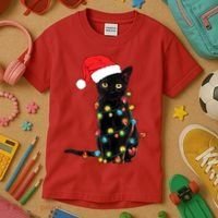 Retro Black Cat Christmas Light Funny Cat Kids T-Shirt thumb 3