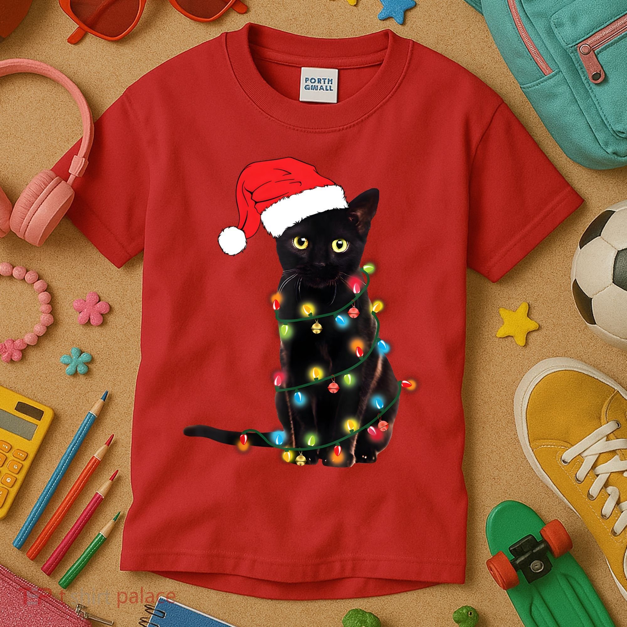 Retro Black Cat Christmas Light Funny Cat Kids T-Shirt
