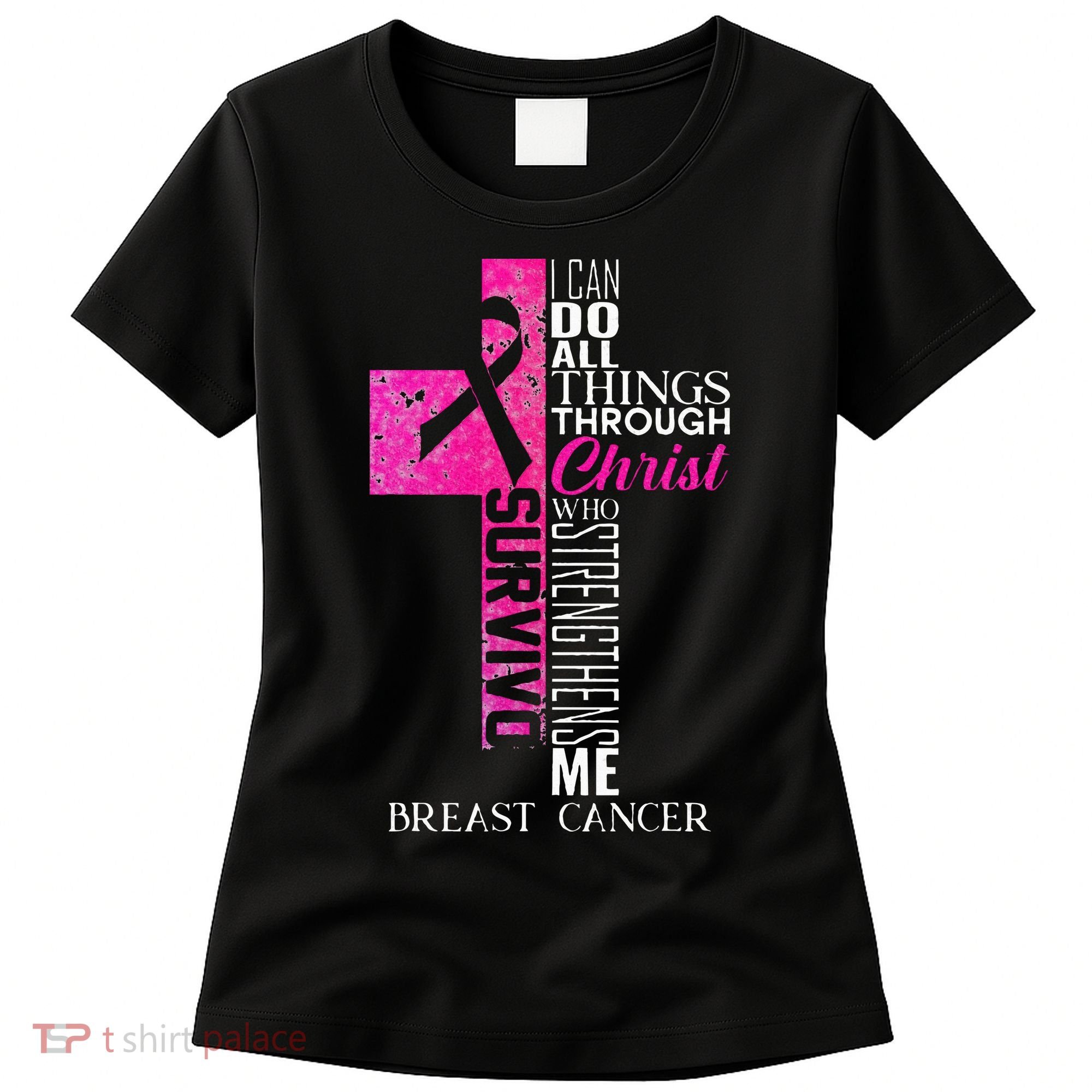 Ribbon Breast Cancer Survivor Christian Cross Women's T-Shirt