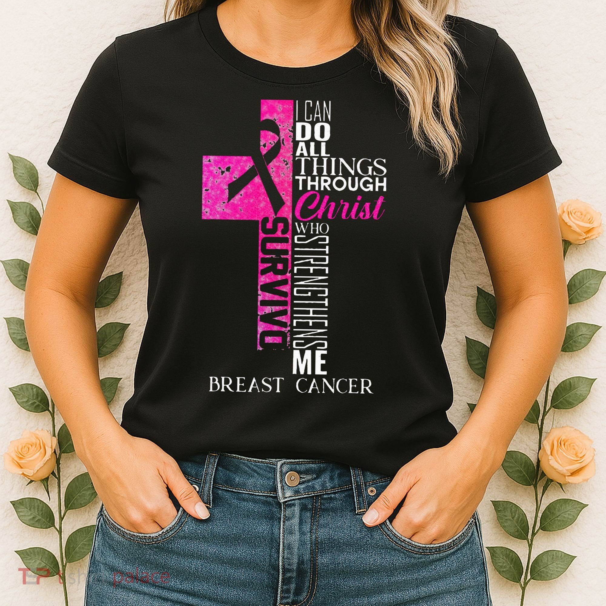 Ribbon Breast Cancer Survivor Christian Cross Women's T-Shirt