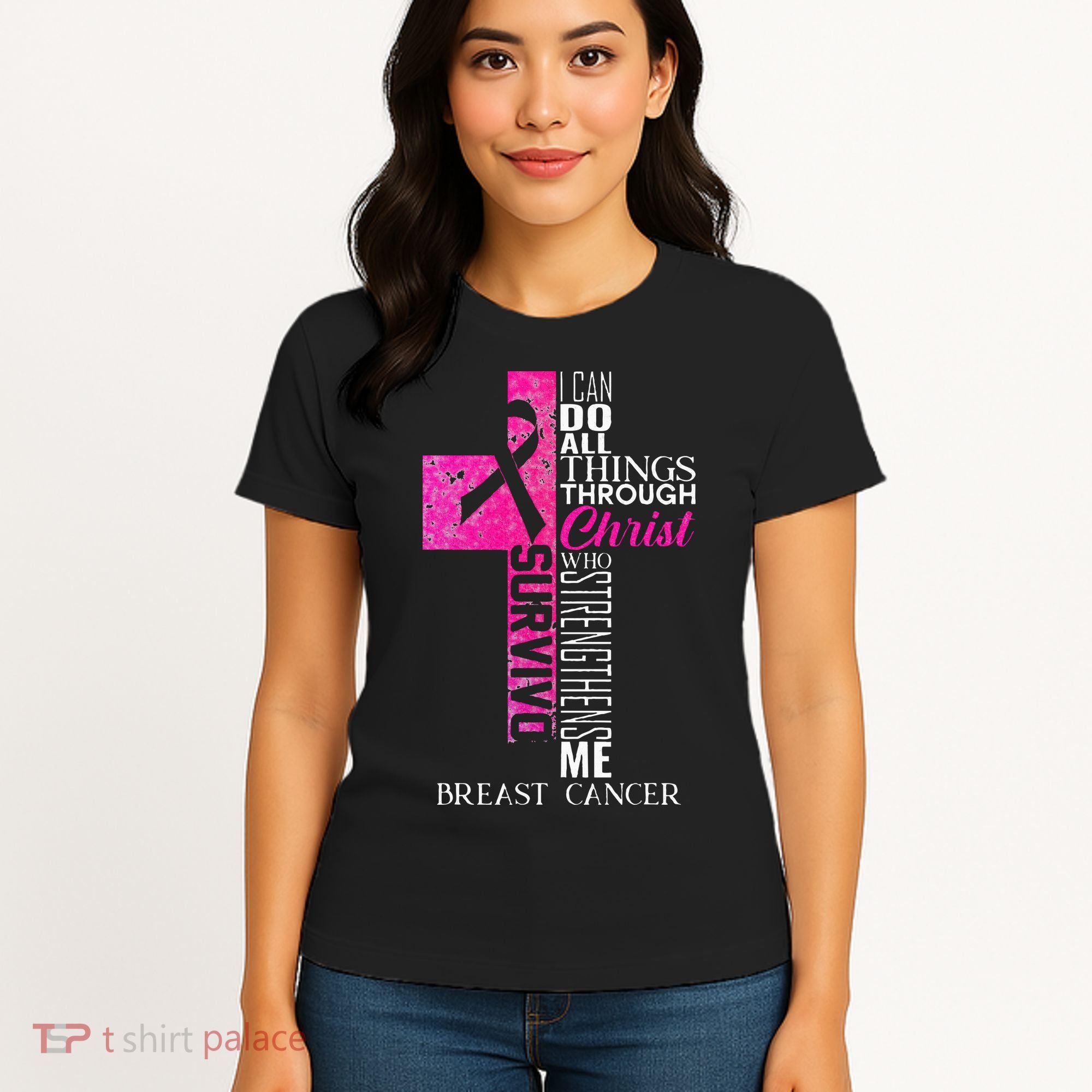 Ribbon Breast Cancer Survivor Christian Cross Women's T-Shirt