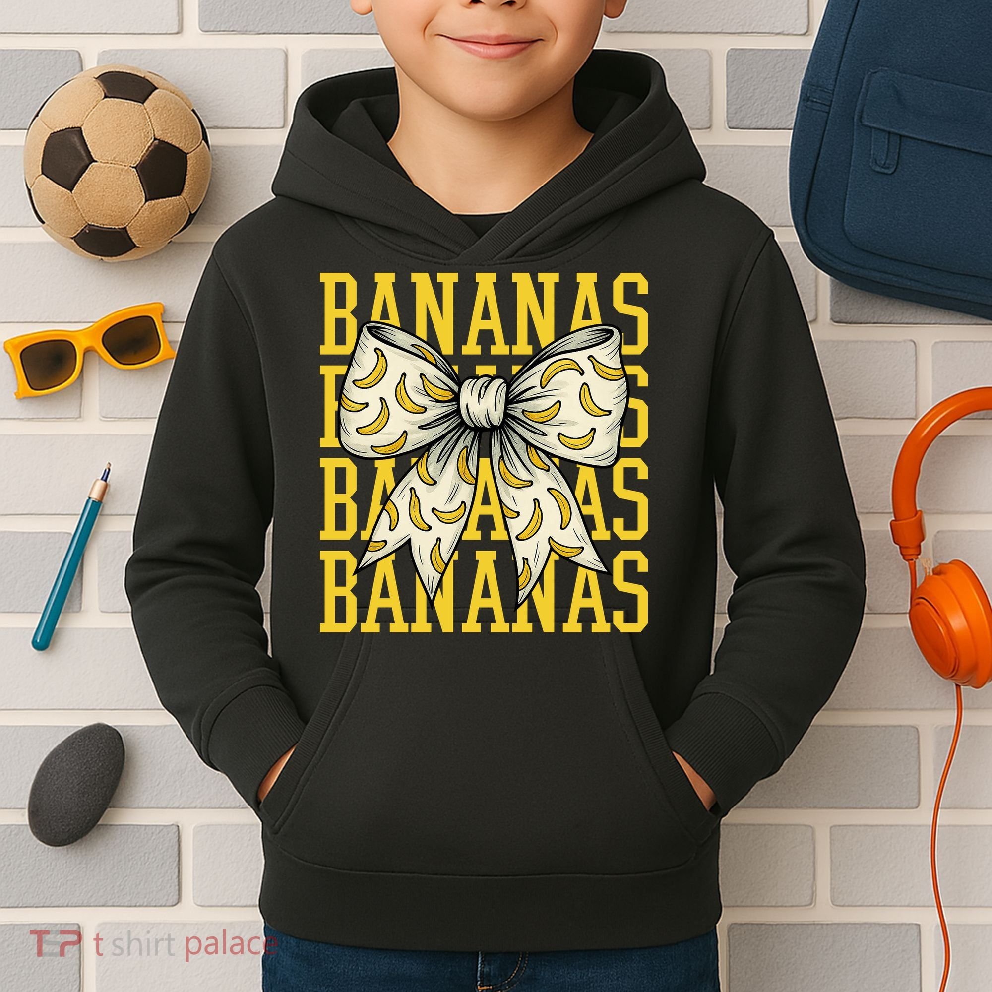 Retro Bananas Coquette Bow Kids Hoodie