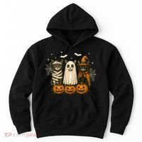 Retro Black Cat Witch Scary Halloween Pumpkin Spooky Hoodie thumb 0