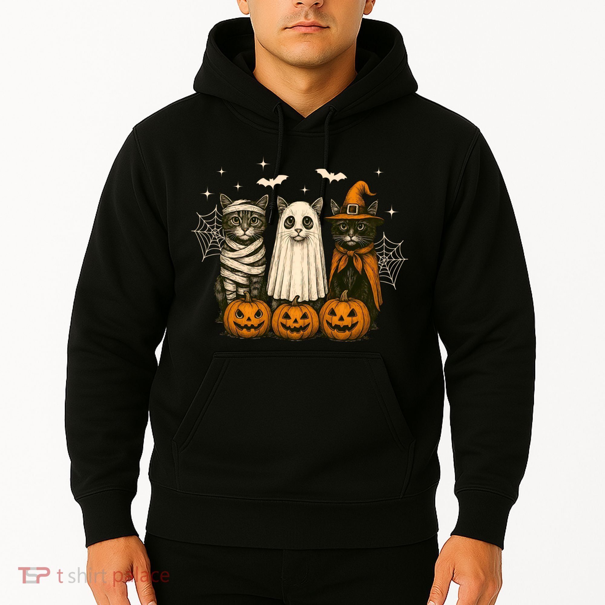 Retro Black Cat Witch Scary Halloween Pumpkin Spooky Hoodie