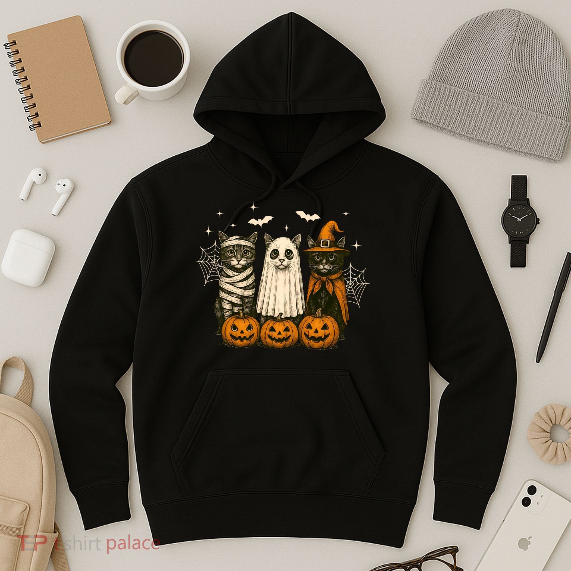 Retro Black Cat Witch Scary Halloween Pumpkin Spooky Hoodie