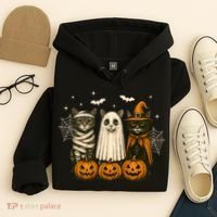 Retro Black Cat Witch Scary Halloween Pumpkin Spooky Hoodie thumb 4