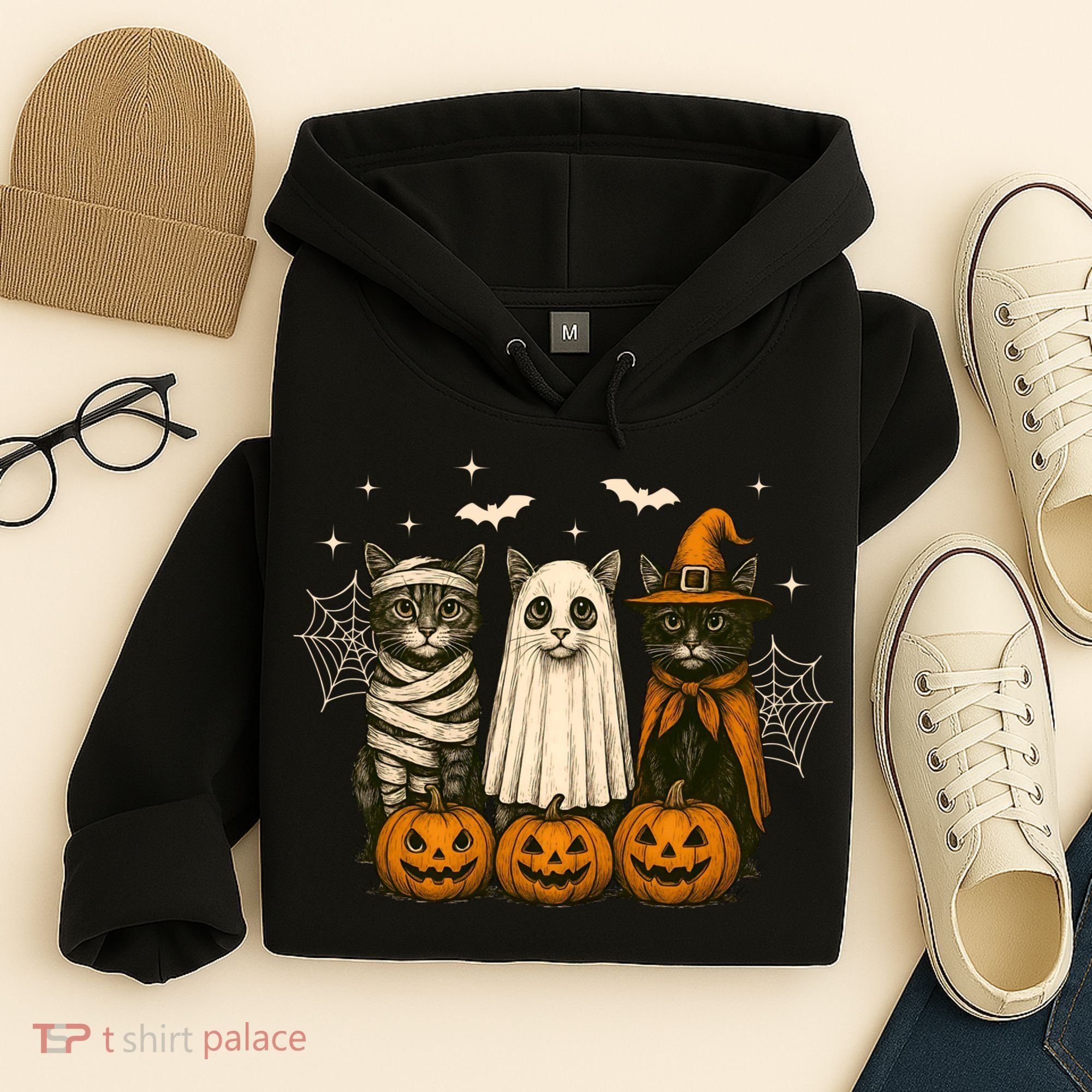 Retro Black Cat Witch Scary Halloween Pumpkin Spooky Hoodie