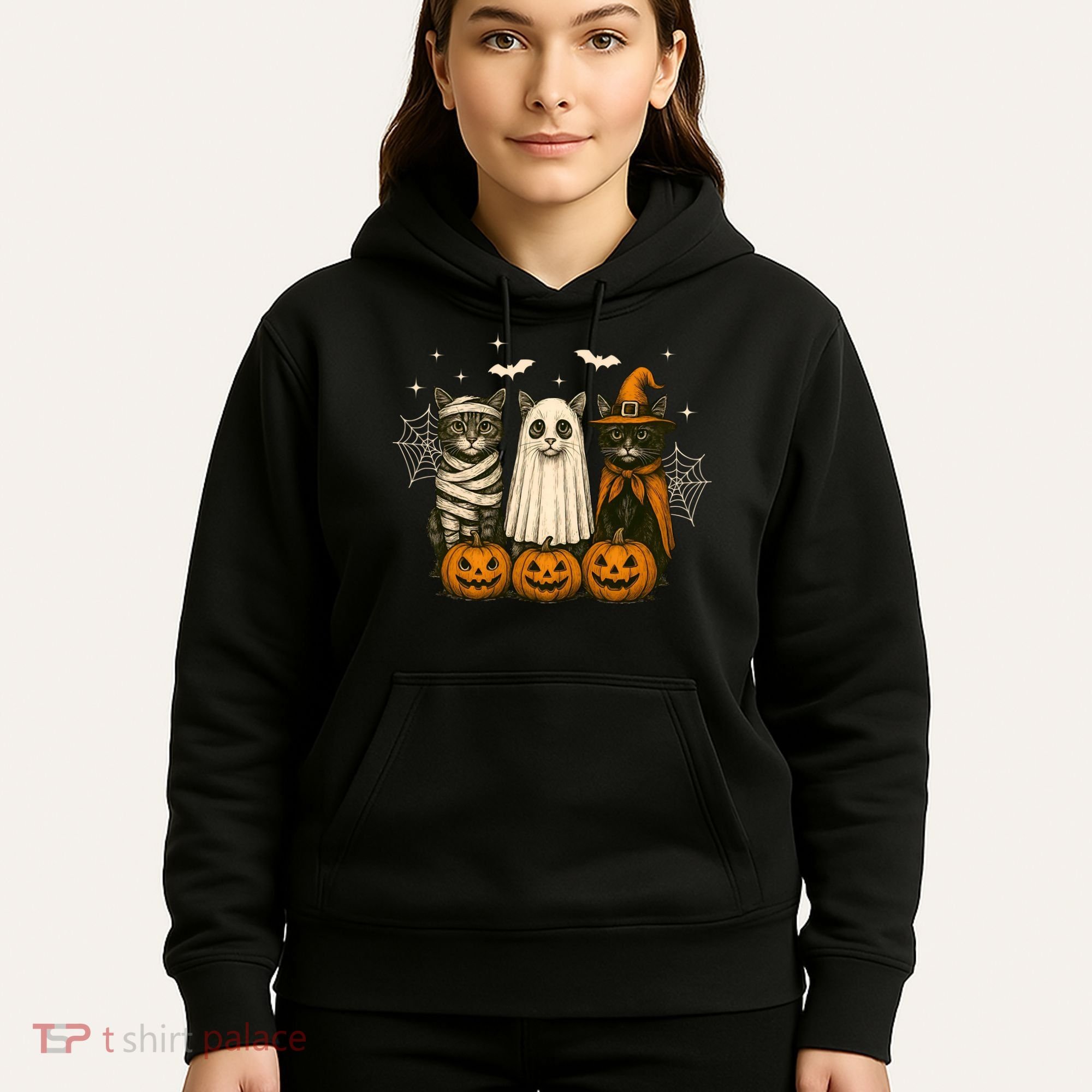Retro Black Cat Witch Scary Halloween Pumpkin Spooky Hoodie