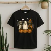 Retro Black Cat Witch Scary Halloween Pumpkin Spooky T-Shirt thumb 2