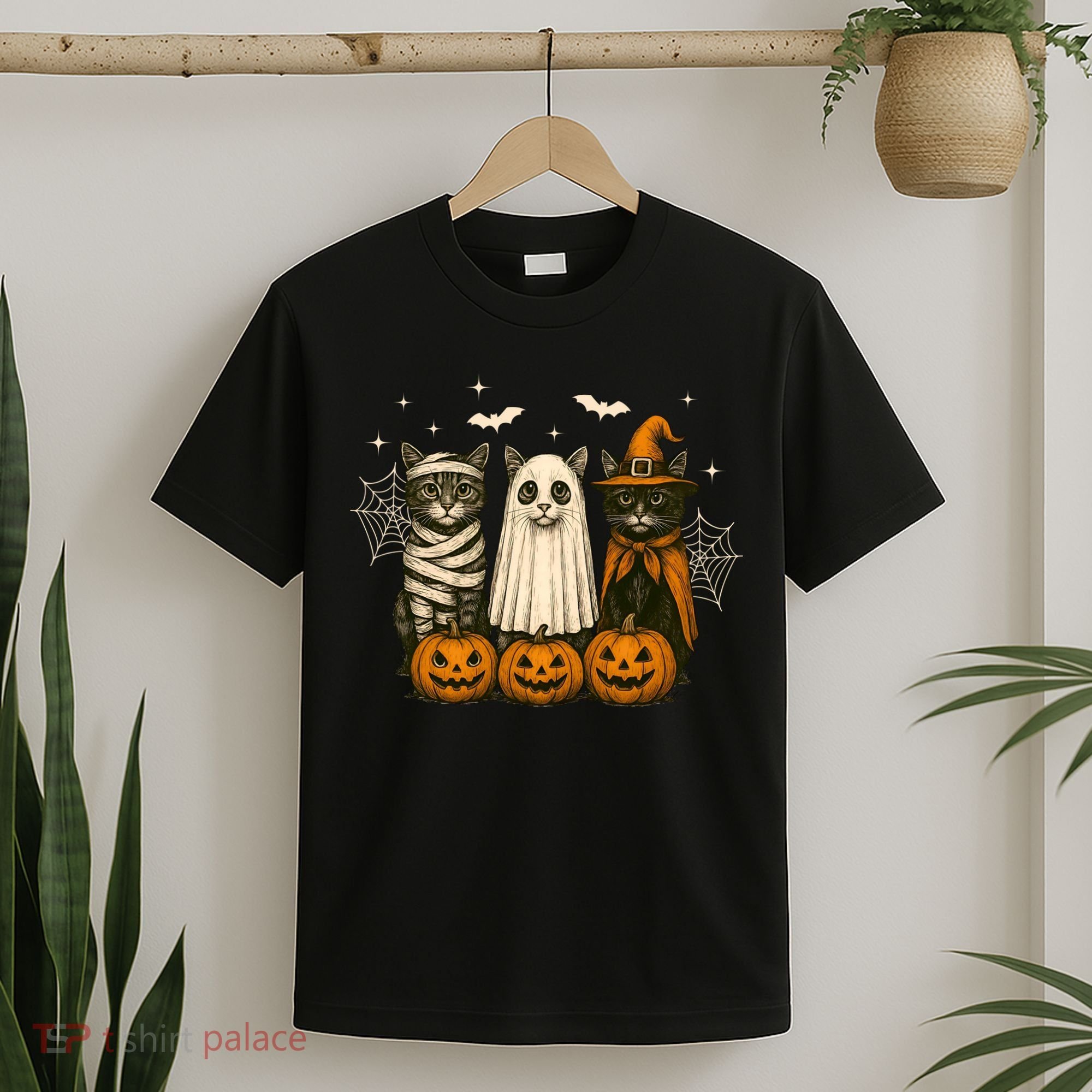 Retro Black Cat Witch Scary Halloween Pumpkin Spooky T-Shirt