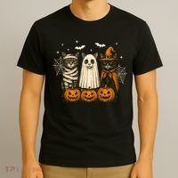 Retro Black Cat Witch Scary Halloween Pumpkin Spooky T-Shirt thumb 3