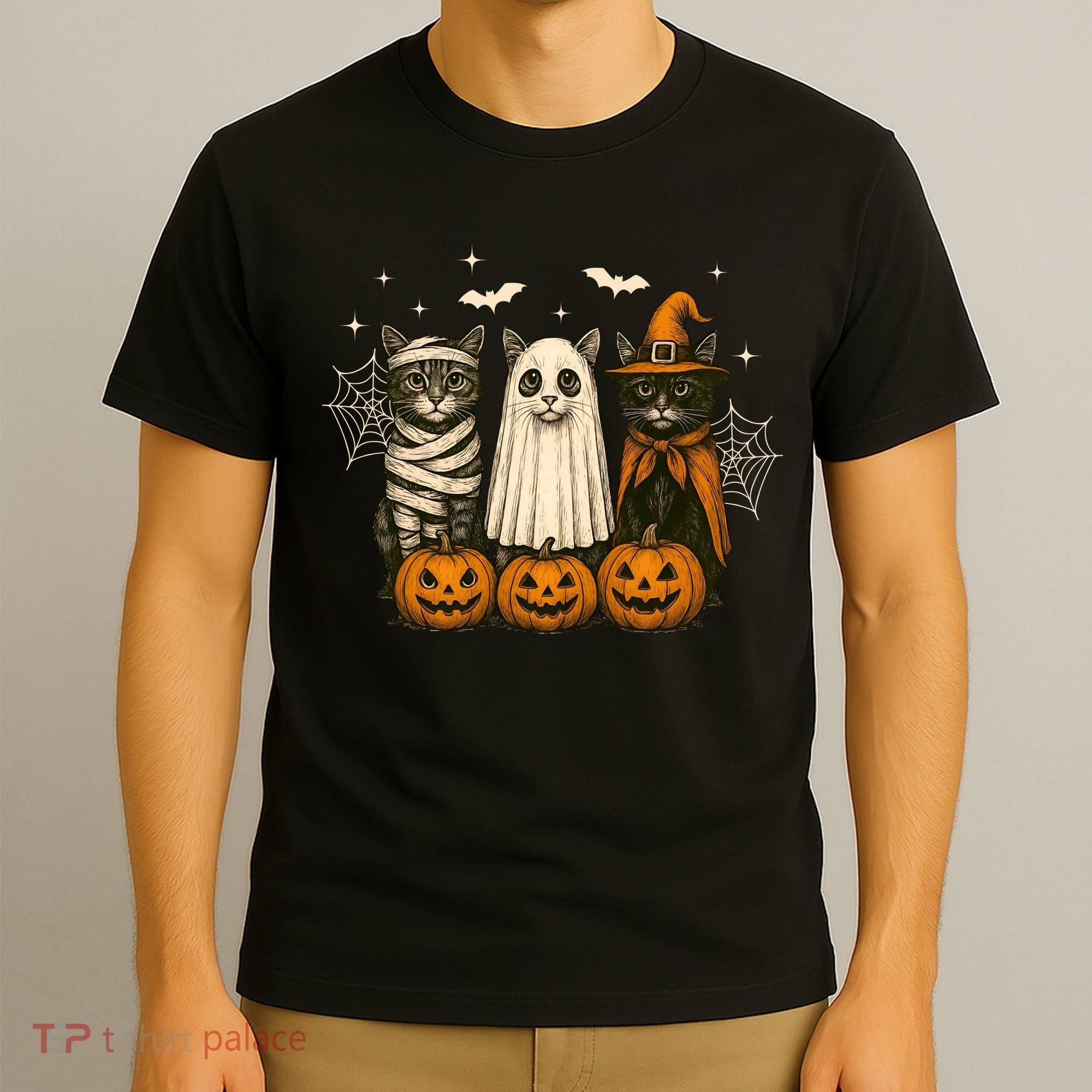 Retro Black Cat Witch Scary Halloween Pumpkin Spooky T-Shirt