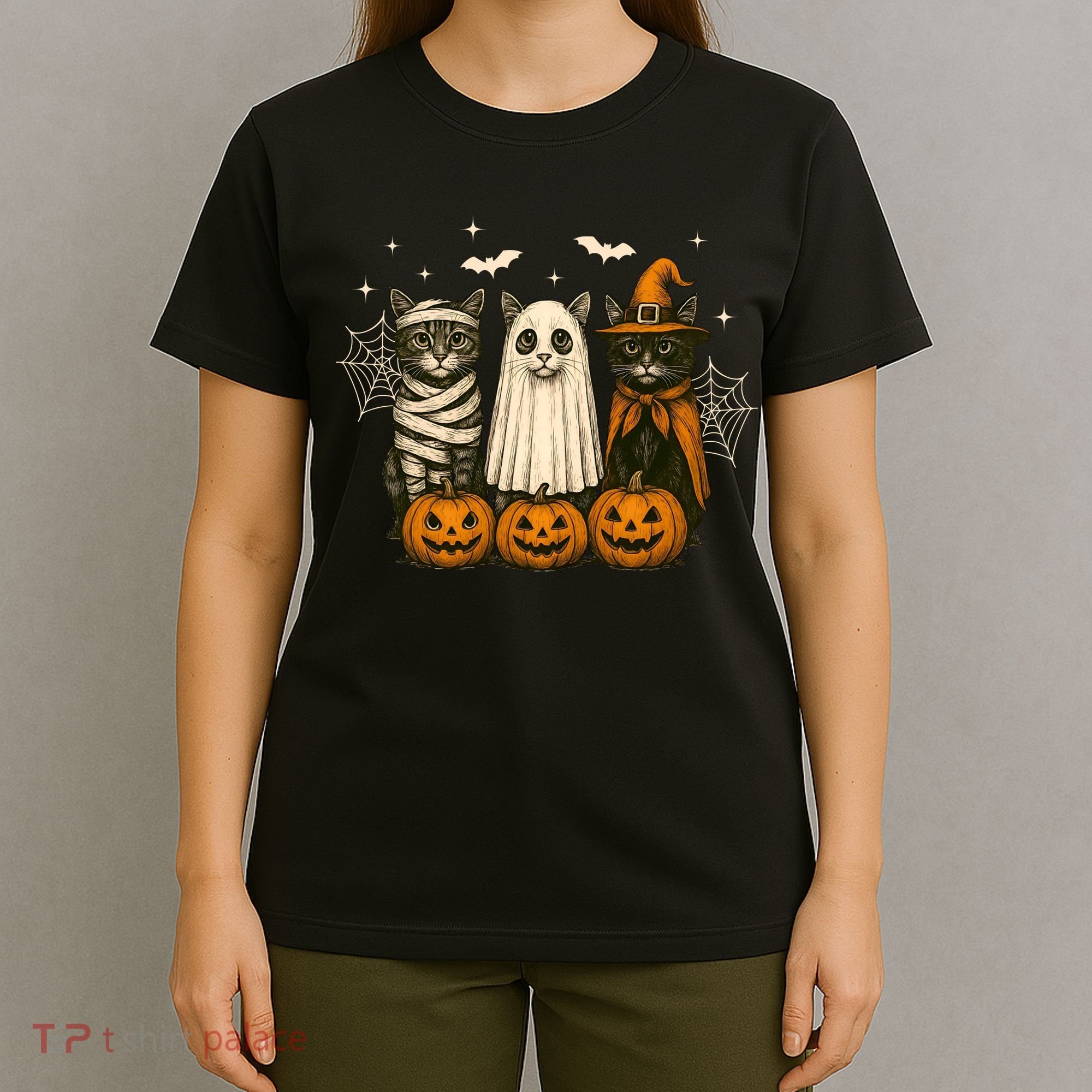 Retro Black Cat Witch Scary Halloween Pumpkin Spooky T-Shirt
