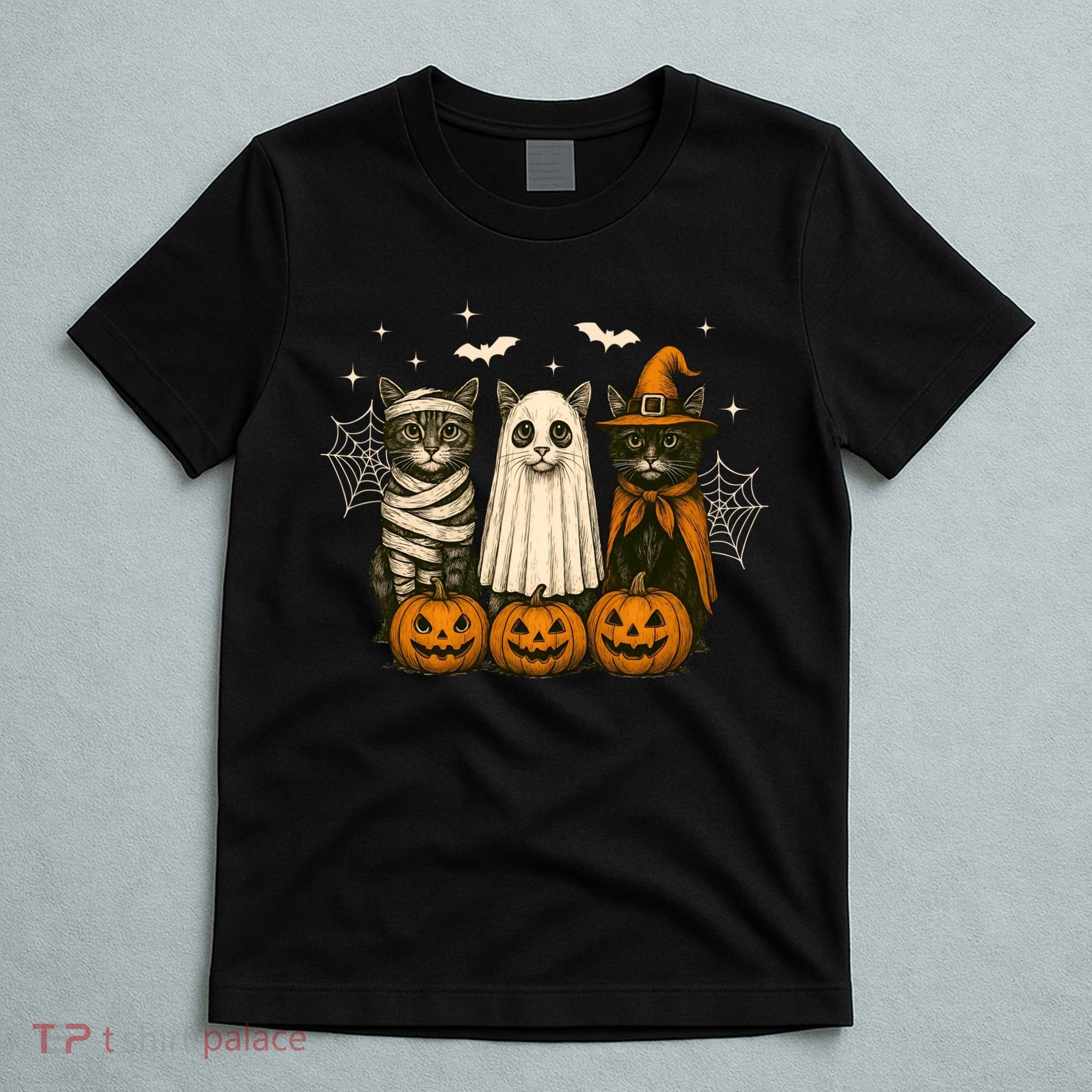 Retro Black Cat Witch Scary Halloween Pumpkin Spooky T-Shirt